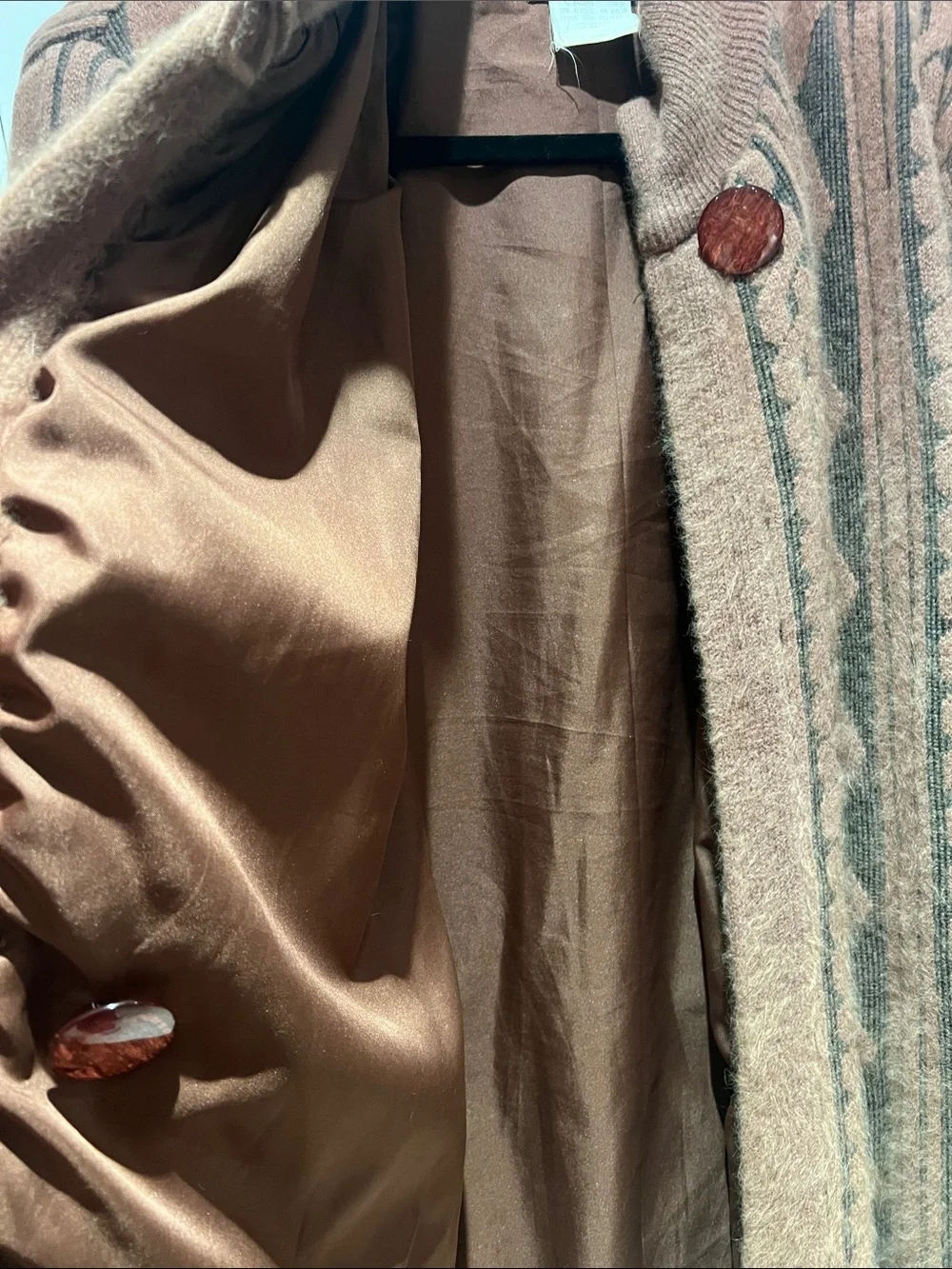 Vintage-Women's Knit & Lined Cardigan Sweater - Tan & Charcoal 65% Angora - Picture 5 of 12